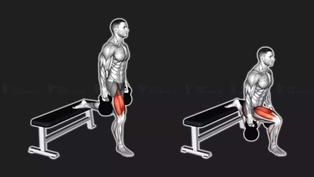Startposition und Endposition der Fitnessübung Bulgarian Split Squats mit Kettlebells