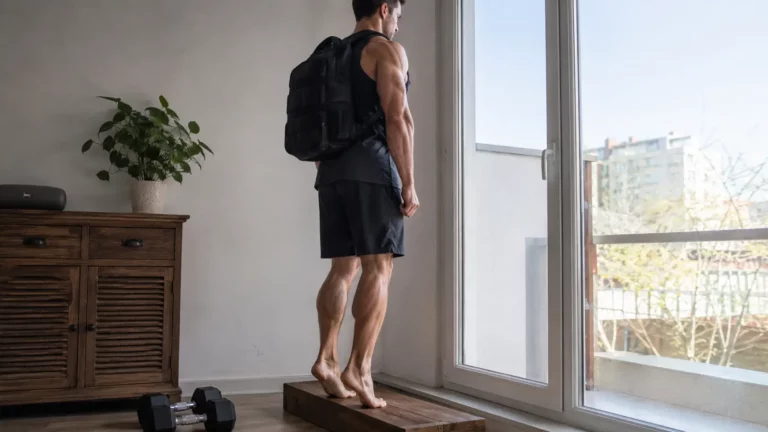 Sportlerin beim einbeinigen Wadenheben zuhause an einer Wand ohne Fitnessgeräte zur Kräftigung der Wadenmuskulatur